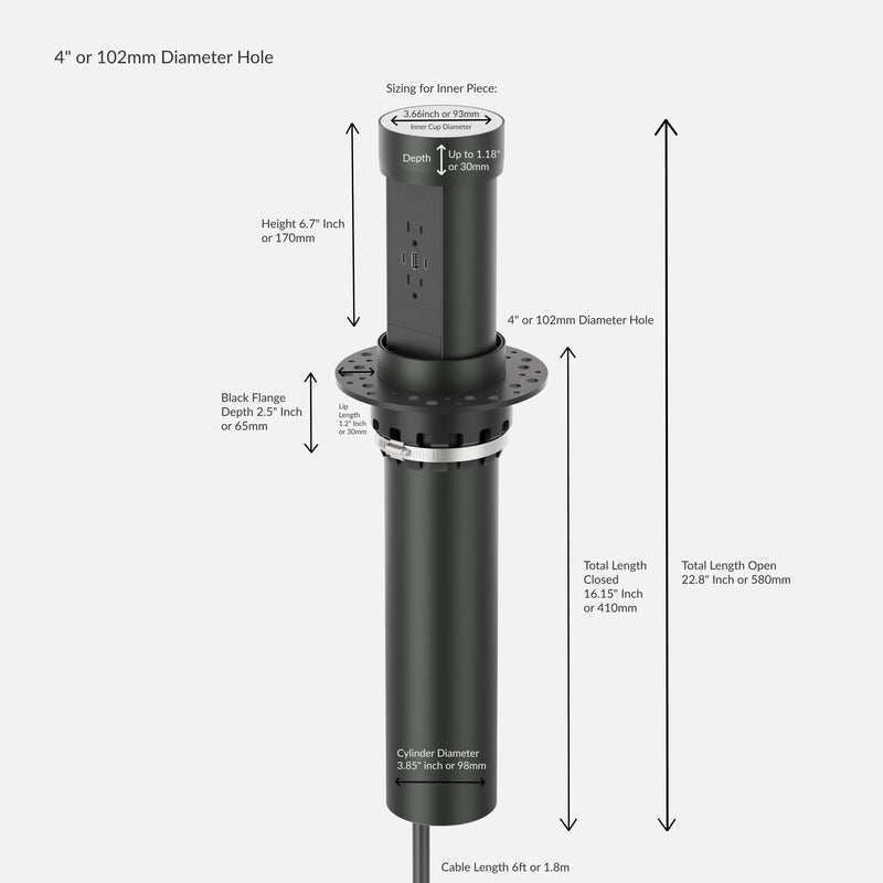 Kitchen Countertop Hidden Power w/ 65W USB-C, Motorized Pop Up, Custom Top, Black