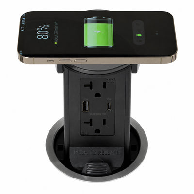 Lew PUR20ACQD-RSS Round Kitchen Pop Up Outlet, USB-A/C, Qi, Stainless Plastic