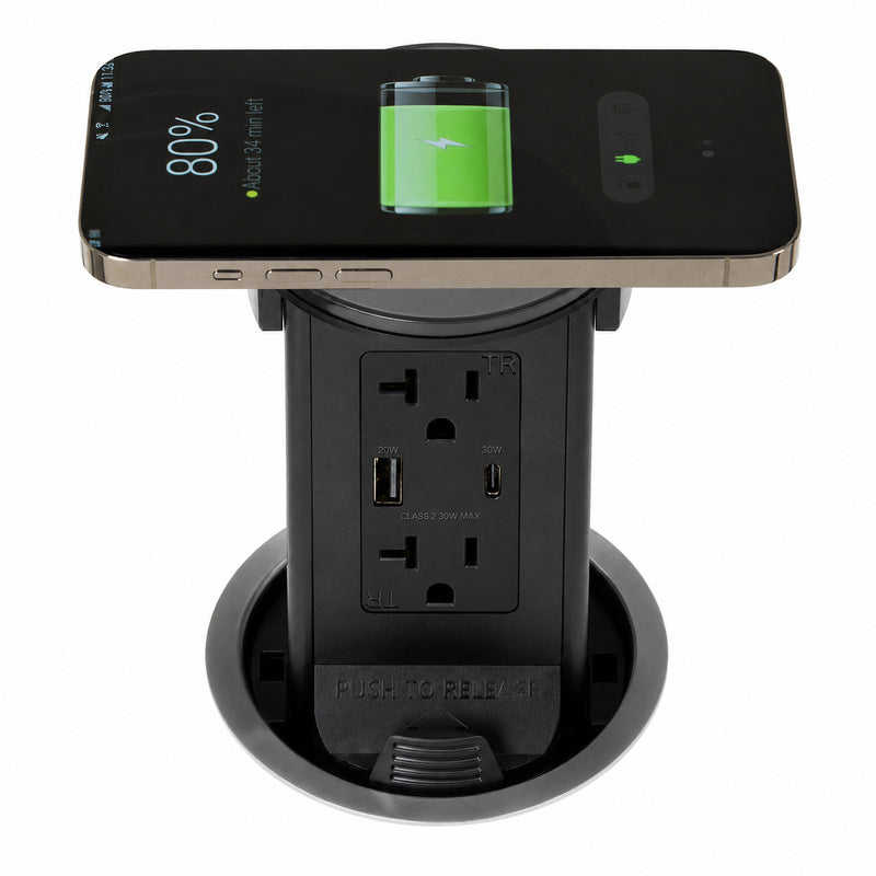 Lew PUR20ACQD-RSS Round Kitchen Pop Up Outlet, USB-A/C, Qi, Stainless Plastic
