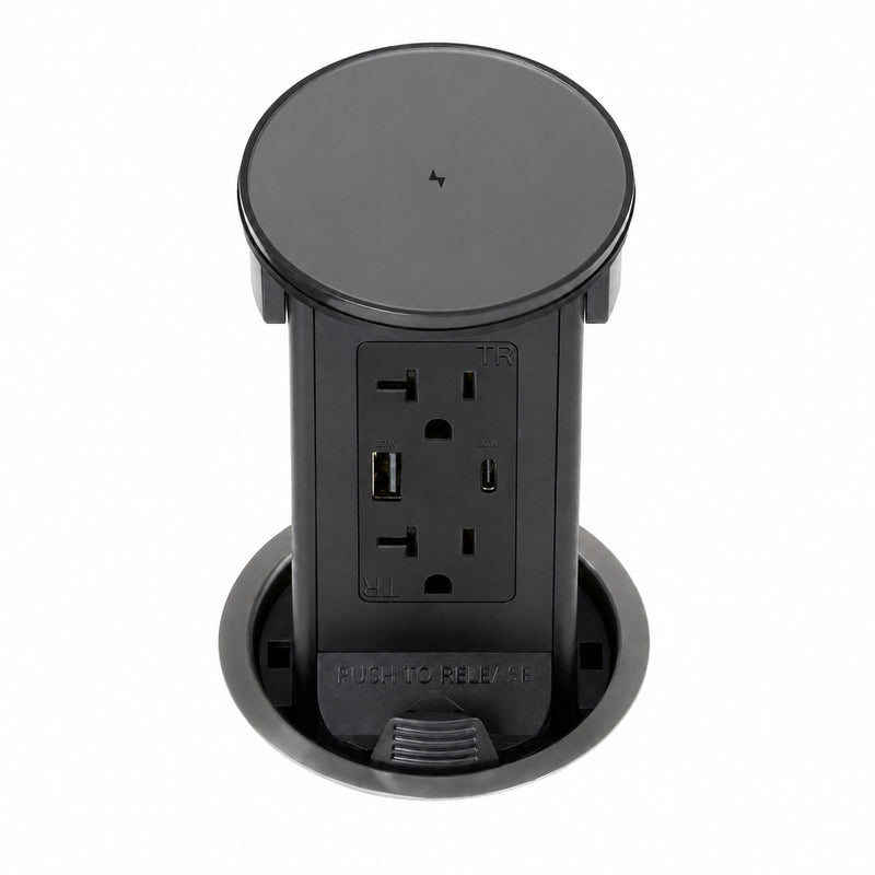 Lew PUR20ACQD-SS Round Kitchen Pop Up Outlet 20A, USB-A/C, Qi, Stainless Glass
