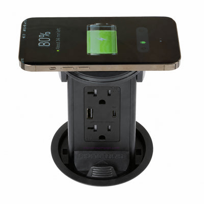 Lew PUR20ACQD-BK Round Kitchen Pop Up Outlet 20A, USB-A/C, Qi, Black Glass