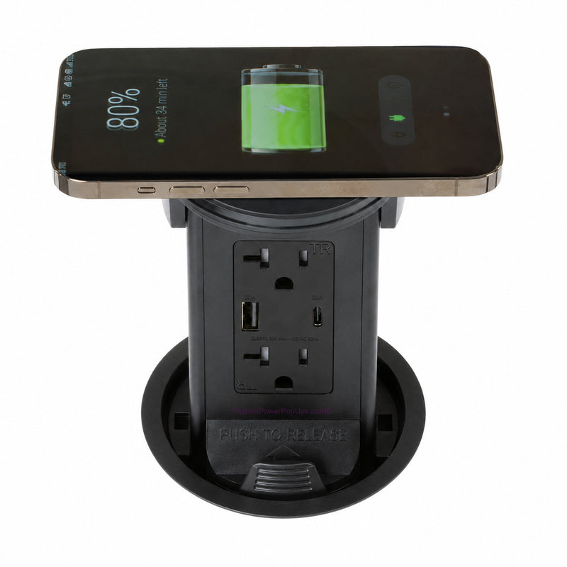 Lew PUR20ACQD-BK Round Kitchen Pop Up Outlet 20A, USB-A/C, Qi, Black Glass