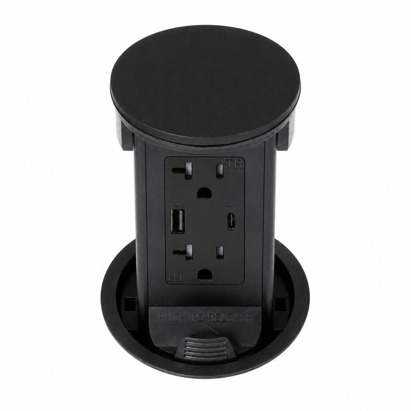 Lew PUR20ACQD-RBK Round Kitchen Pop Up Outlet 20A, USB-A/C, Qi, Black Plastic