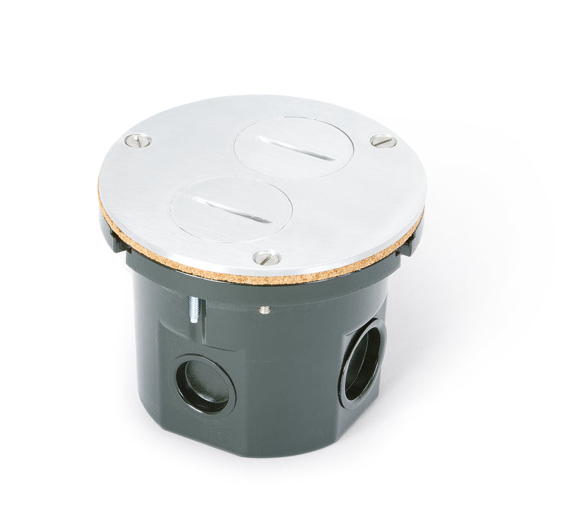 Flush Mounted Round Floor Box, One 15A Duplex, 2 Screw Plugs, Aluminum