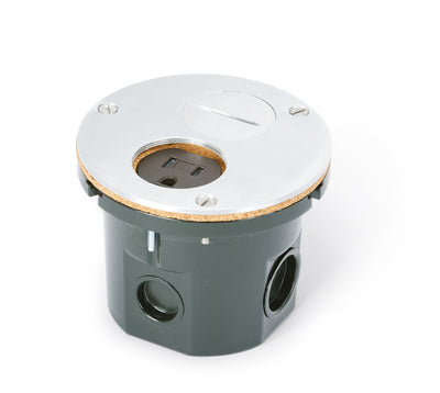 Flush Mounted Round Floor Box, One 15A Duplex, 2 Screw Plugs, Aluminum