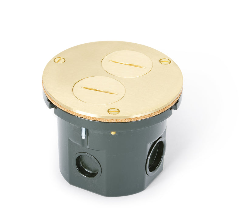 Flush Mounted Round Floor Box, One 15A Duplex, 2 Screw Plugs, Brass