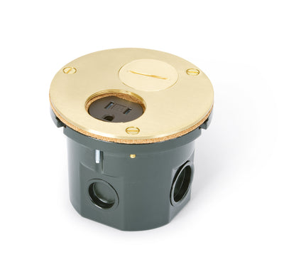 Flush Mounted Round Floor Box, One 15A Duplex, 2 Screw Plugs, Brass