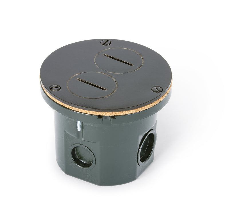 Flush Mount Round Floor Box, One 15A Duplex, Screw Plugs, Dark Bronze