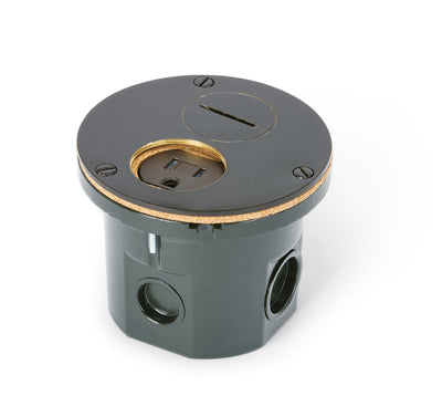 Flush Mount Round Floor Box, One 15A Duplex, Screw Plugs, Dark Bronze
