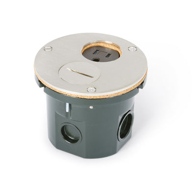 Flush Mounted Round Floor Box, One 15A Duplex, 2 Screw Plugs, Nickel