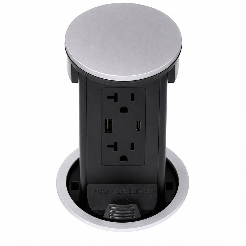 Lew PUR20ACQD-RSS Round Kitchen Pop Up Outlet, USB-A/C, Qi, Stainless Plastic