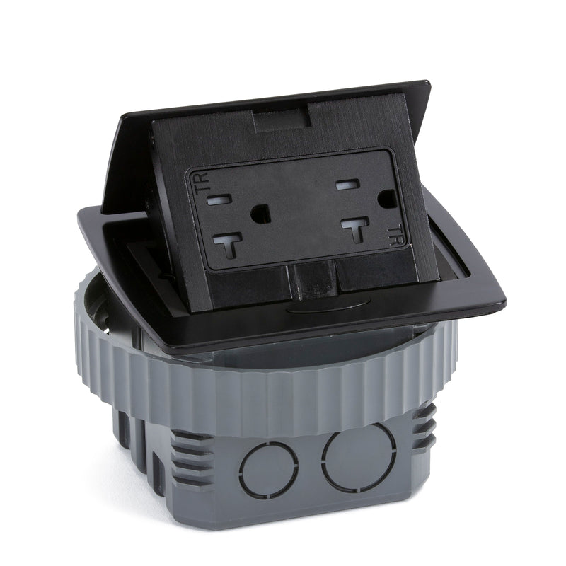 Kitchen Counter Pop Up Receptacle, 20A Duplex, Plastic Back Box, All Black