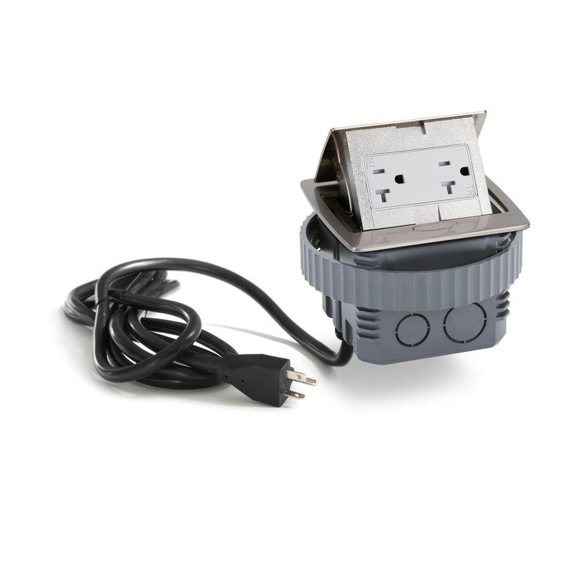 Kitchen Counter Pop Up Duplex Outlet, Corded, Plastic Back Box, Stainless