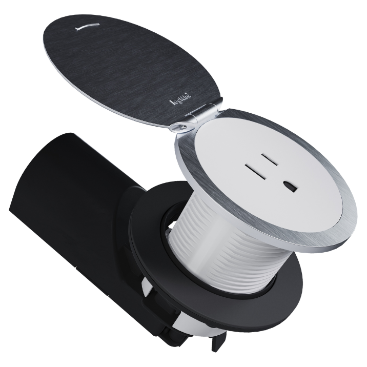 CP498TR15WT, Kitchen Countertop Round Outlet, 15A, White Body, Stainless Steel Lid