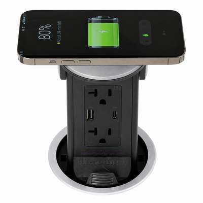 Lew PUR20ACQD-RSS Round Kitchen Pop Up Outlet 20A, USB-A/C, Qi, Stainless Plastic