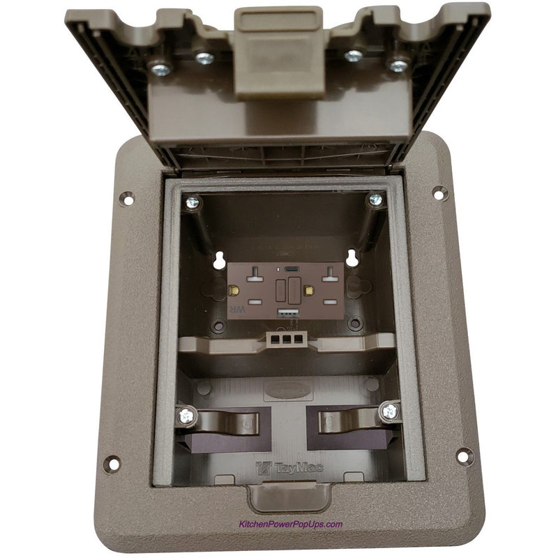 Outdoor Weatherproof Deck Outlet Box, GFCI w/ USB-A/C Charging, Brown