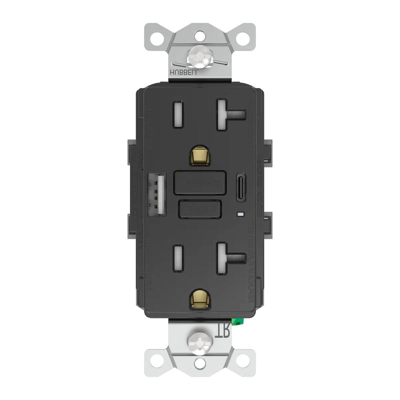 Hubbell GFUSB20ACBK GFCI w/ USB-AC Charging WR Outlet, 20A, Black