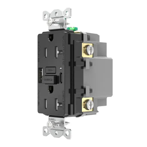 Hubbell GFUSB20ACBK GFCI w/ USB-AC Charging Outlet, 20A, Black