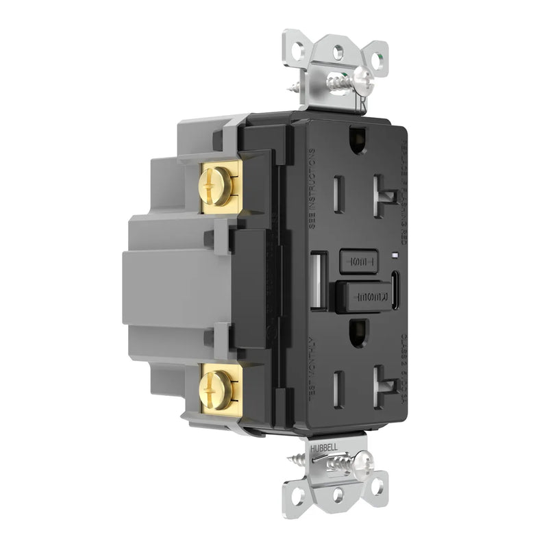 Hubbell GFUSB20ACBK GFCI w/ USB-AC Charging Outlet, 20A, Black