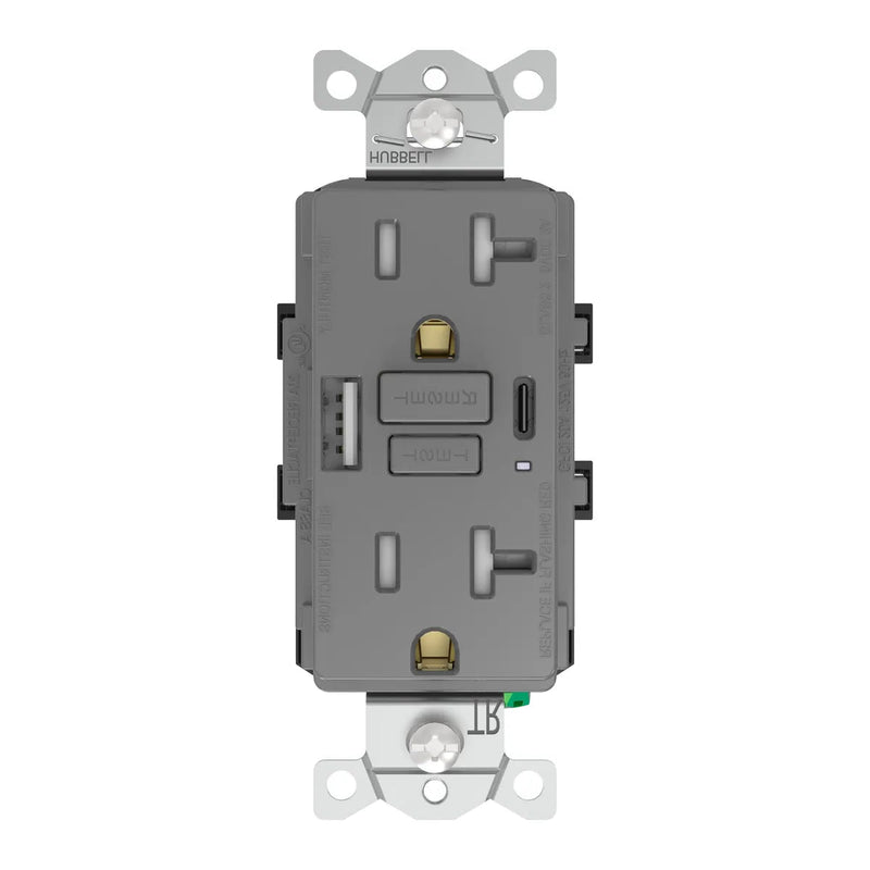 Hubbell GFUSB20ACGY GFCI w/ USB-AC Charging WR Outlet, 20A, Gray