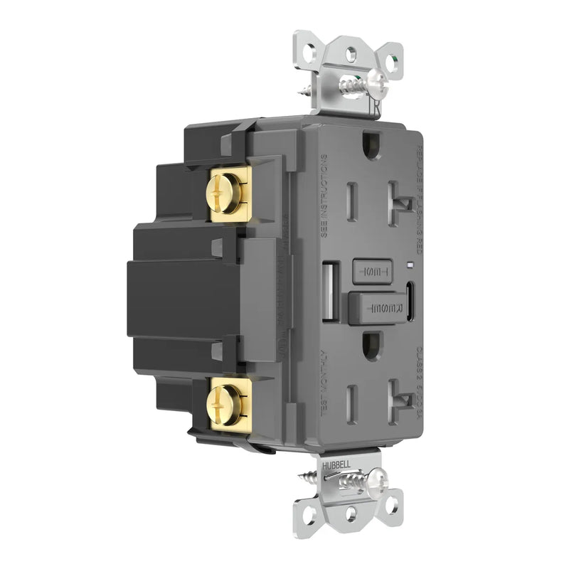 Hubbell GFUSB20ACGY GFCI w/ USB-AC Charging Outlet, 20A, Gray