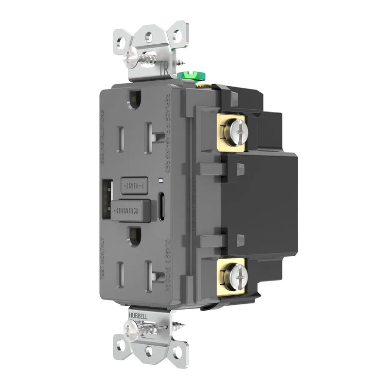 Hubbell GFUSB20ACGY GFCI w/ USB-AC Charging Outlet, 20A, Gray