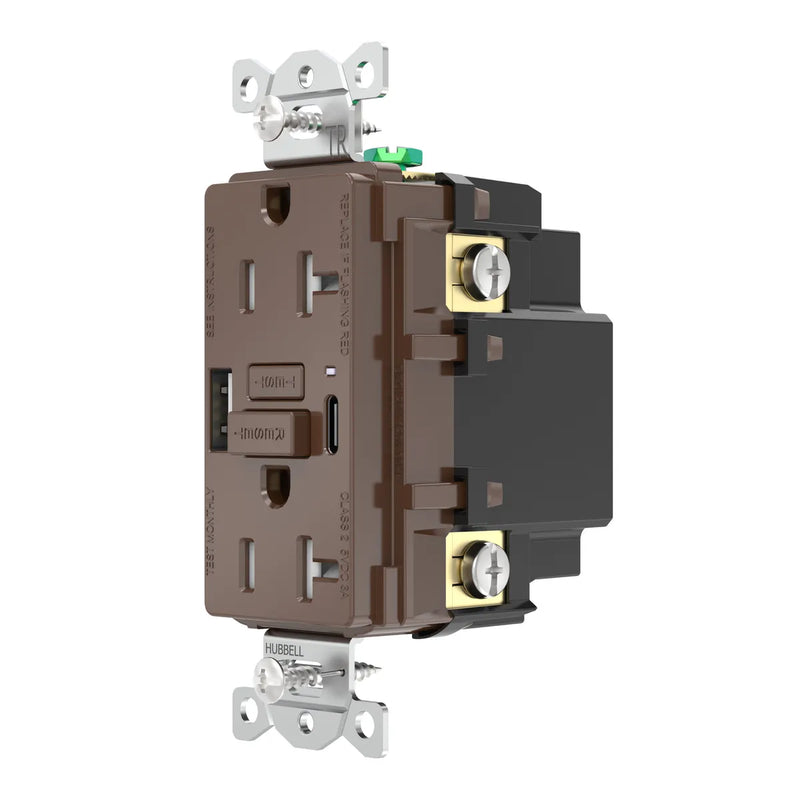 Hubbell GFUSB20AC GFCI w/ USB-AC Charging Outlet, 20A, Brown