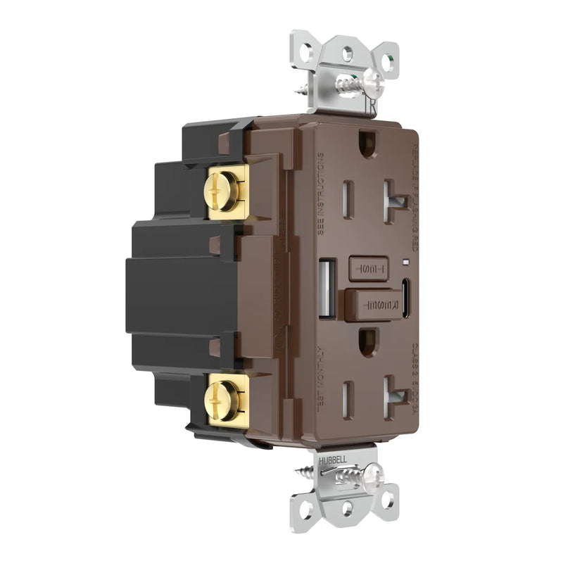 Hubbell GFUSB20AC GFCI w/ USB-AC Charging Outlet, 20A, Brown
