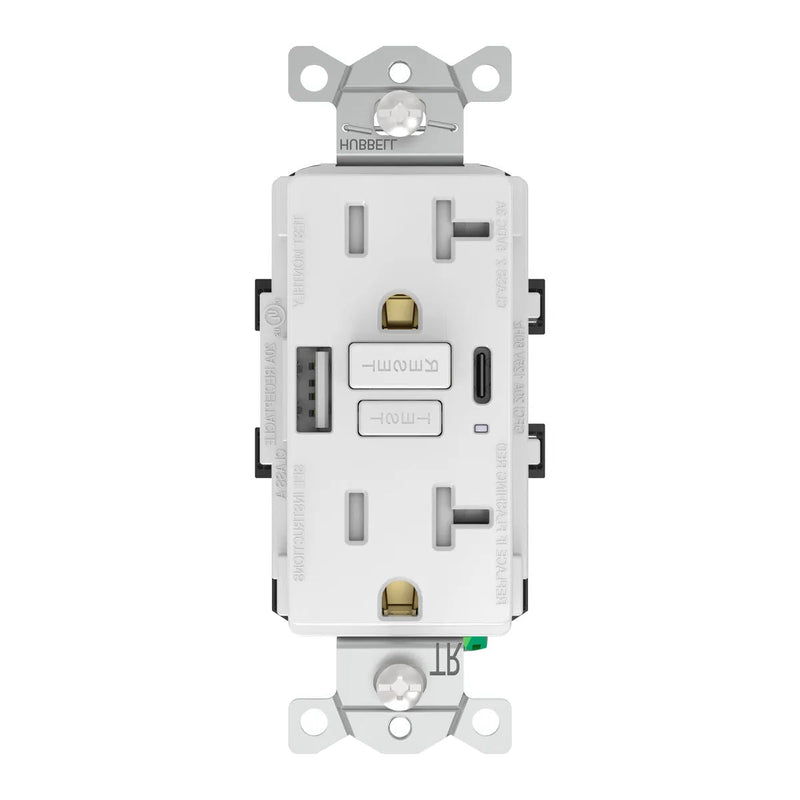 Hubbell GFUSB20ACW GFCI w/ USB-AC Charging WR Outlet, 20A, White