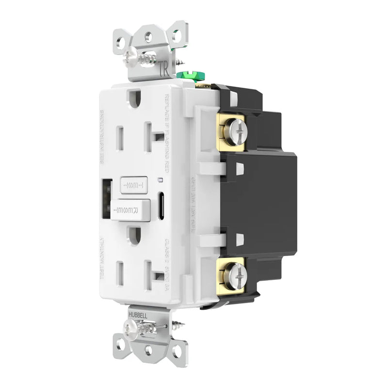 Hubbell GFUSB20ACW GFCI w/ USB-AC Charging Outlet, 20A, White