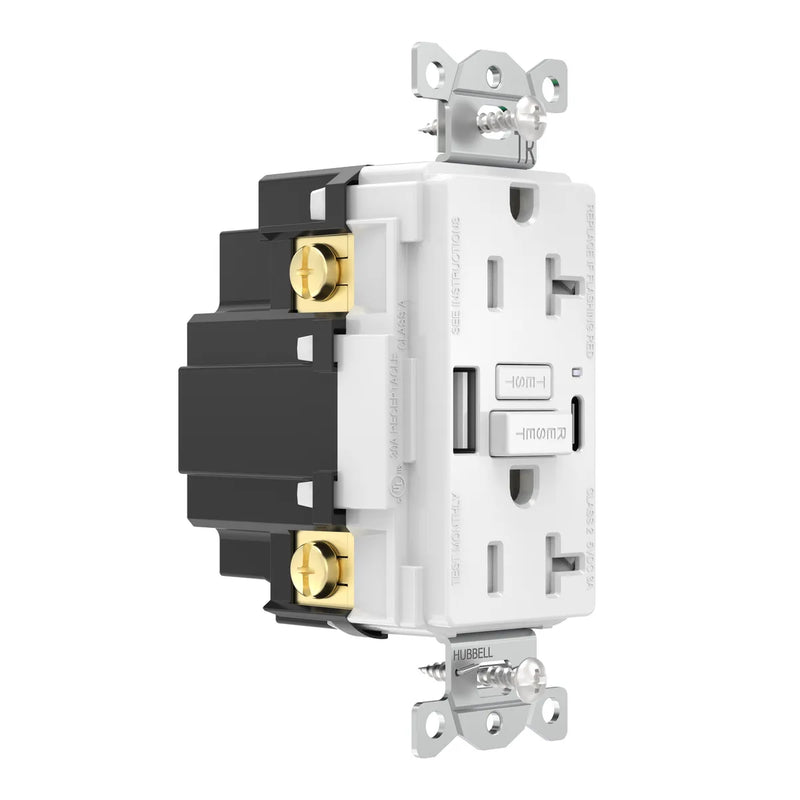Hubbell GFUSB20ACW GFCI w/ USB-AC Charging Outlet, 20A, White