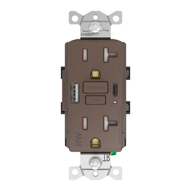 Hubbell GFUSBWR20AC GFCI w/ USB-AC Charging WR Outlet, 20A, Brown