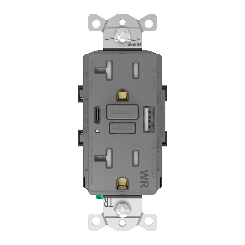 Hubbell GFUSBWR20ACGY GFCI w/ USB-AC Charging WR Outlet, 20A, Gray