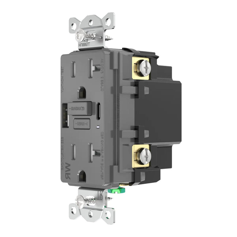 Hubbell GFUSBWR20ACGY GFCI w/ USB-AC Charging Weather Resistant Outlet, 20A, Gray