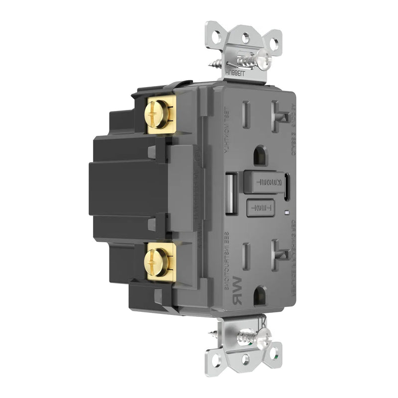 Hubbell GFUSBWR20ACGY GFCI w/ USB-AC Charging Weather Resistant Outlet, 20A, Gray