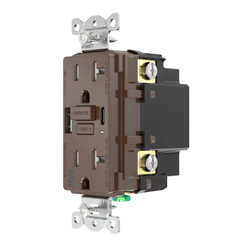 Hubbell GFUSBWR20AC GFCI w/ USB-AC Charging Weather Resistant Outlet, 20A, Brown