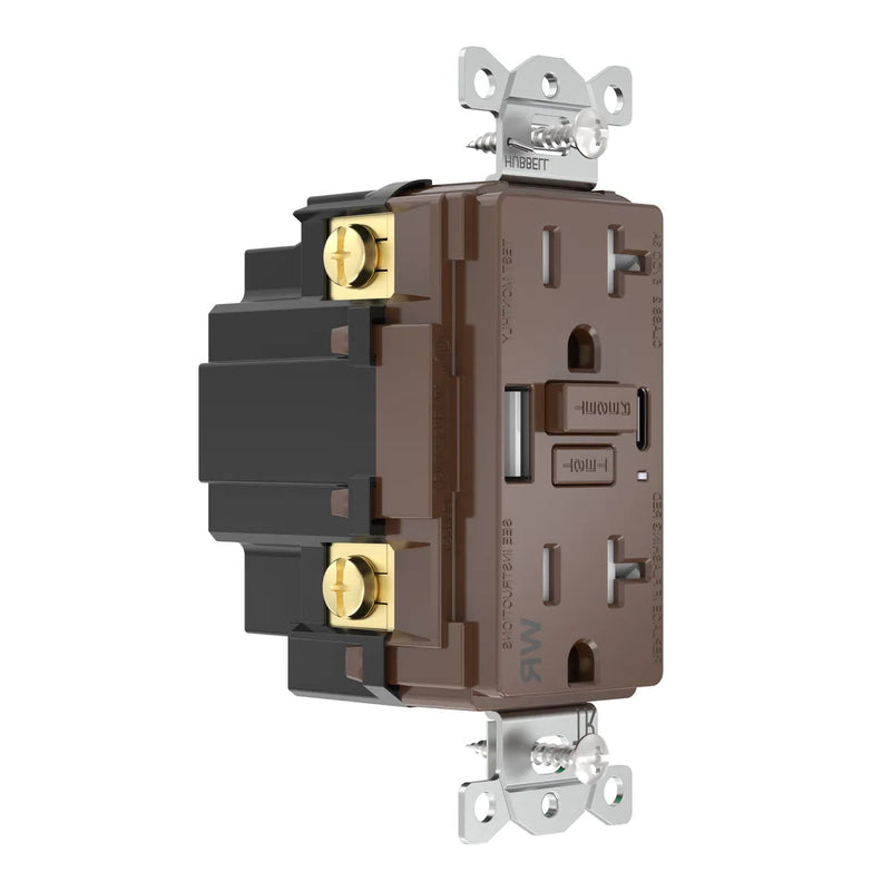 Hubbell GFUSBWR20AC GFCI w/ USB-AC Charging Weather Resistant Outlet, 20A, Brown