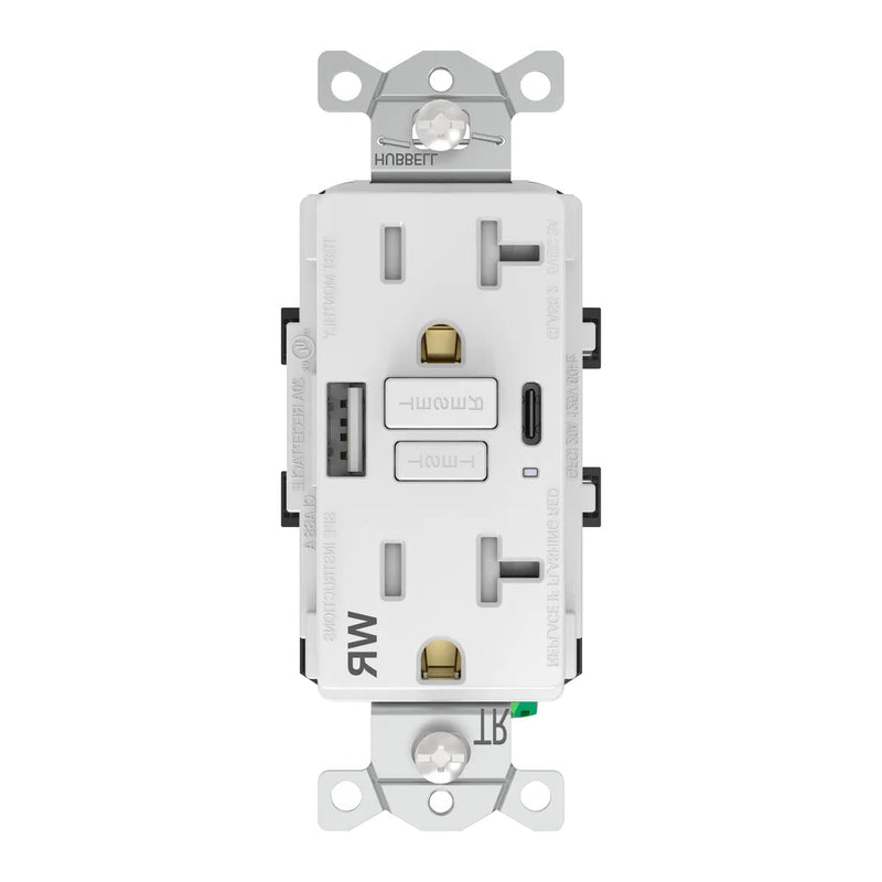 Hubbell GFUSBWR20ACW GFCI w/ USB-AC Charging Weather Resistant Outlet, 20A, White
