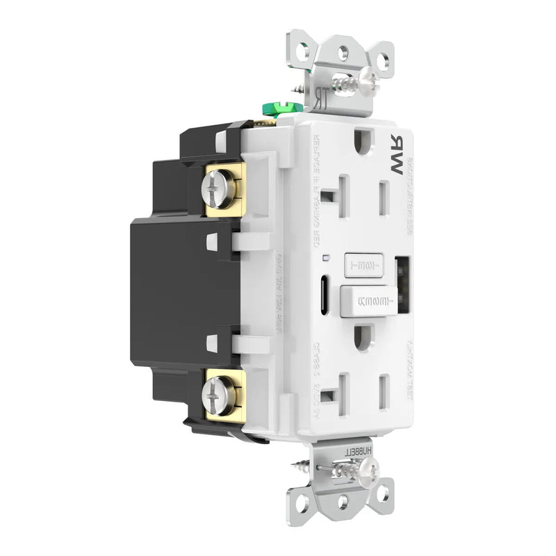 Hubbell GFUSBWR20ACW GFCI w/ USB-AC Charging Weather Resistant Outlet, 20A, White