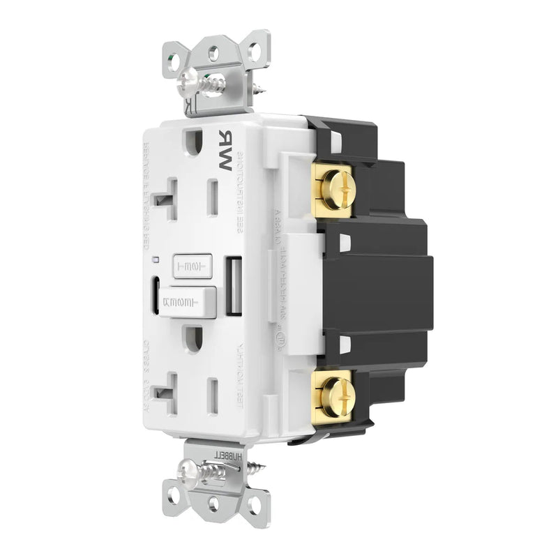 Hubbell GFUSBWR20ACW GFCI w/ USB-AC Charging Weather Resistant Outlet, 20A, White