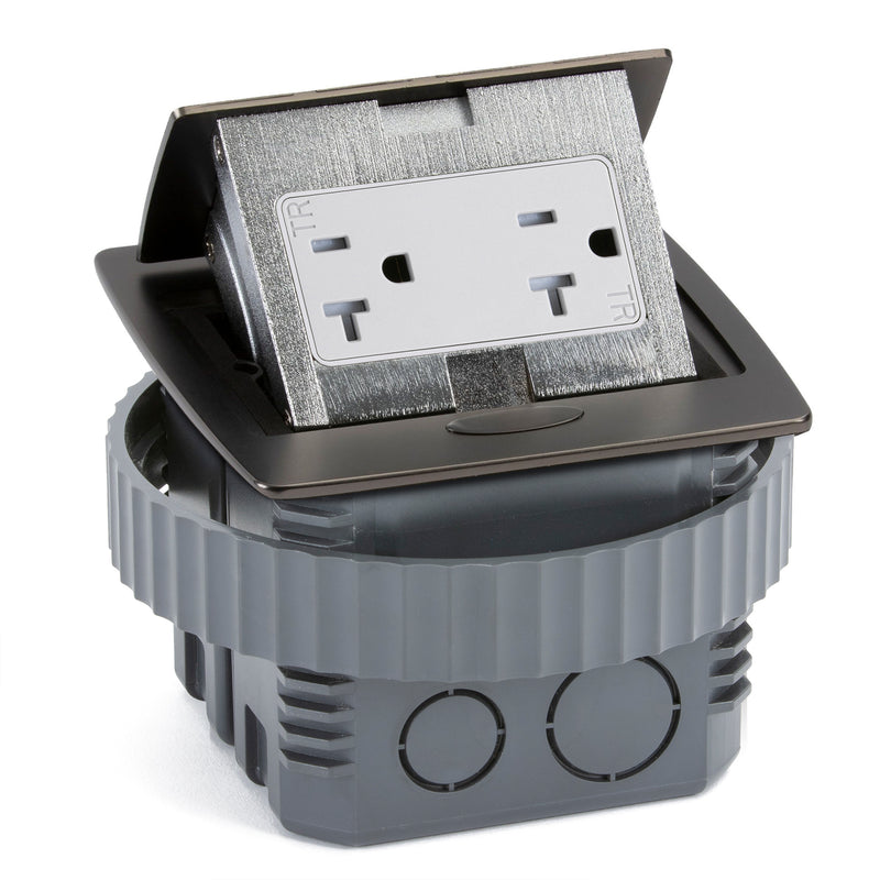 Kitchen Counter Pop Up Receptacle, 20A Duplex, Plastic Back Box, Black Stainless