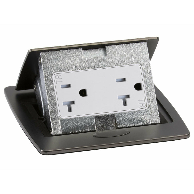 Kitchen Counter Pop Up Receptacle, 20A Duplex, Metal Back Box, Black Stainless