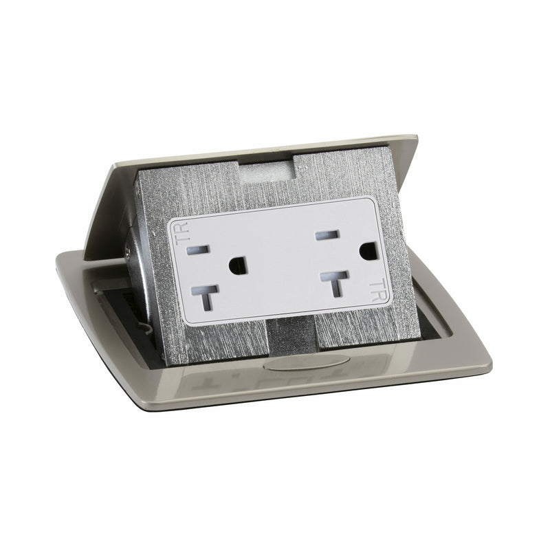 Kitchen Counter Pop Up Receptacle, 20A Duplex, Metal Back Box, Satin Nickel