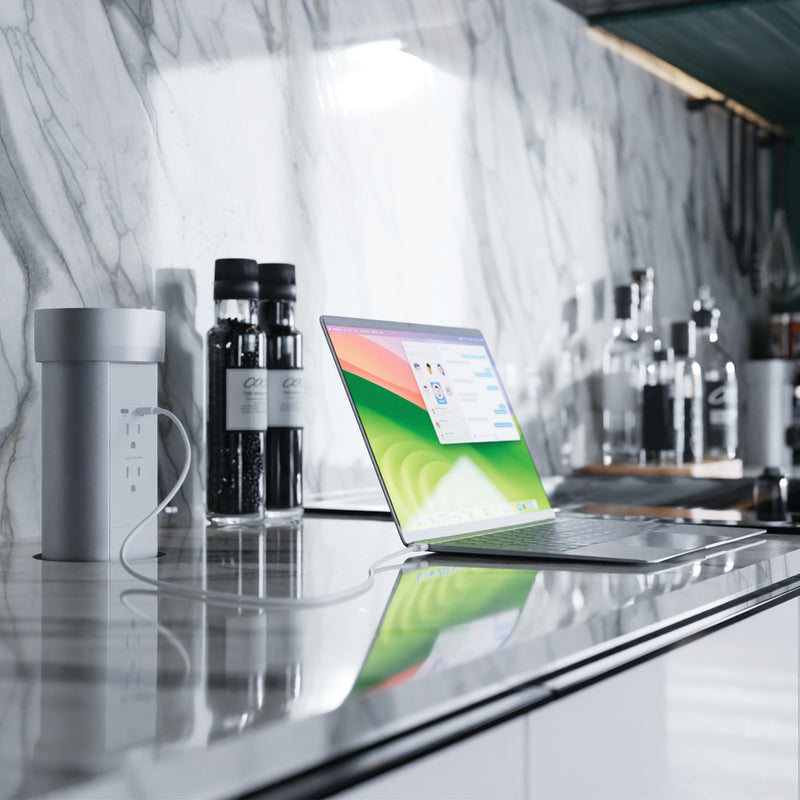 Kitchen Countertop Hidden Power w/ 65W USB-C, Motorized Pop Up, Custom Top, Silver
