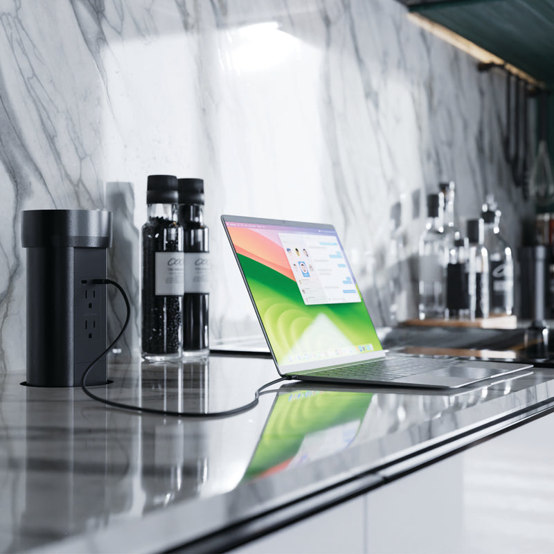 Kitchen Countertop Hidden Power w/ 65W USB-C, Motorized Pop Up, Custom Top, Black