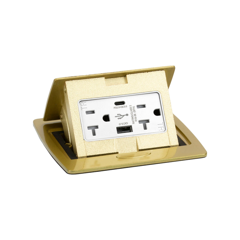 Kitchen Counter Pop Up Outlet Charging USB A/C Ports, Corded, Brass, Top