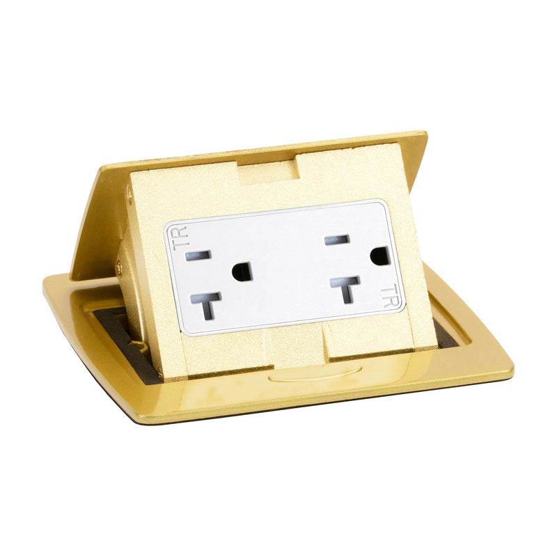 Kitchen Counter Pop Up Receptacle, 20A Duplex, Plastic Back Box, Brass, Top