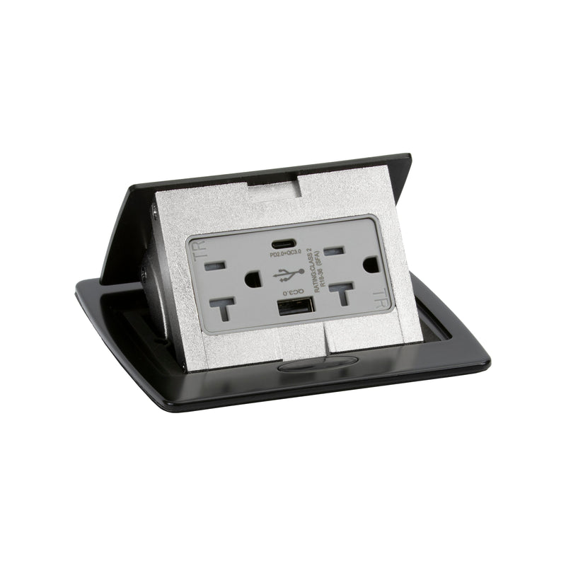 Kitchen Counter Pop Up Outlet Charging USB A/C Ports, Corded, Black, Top