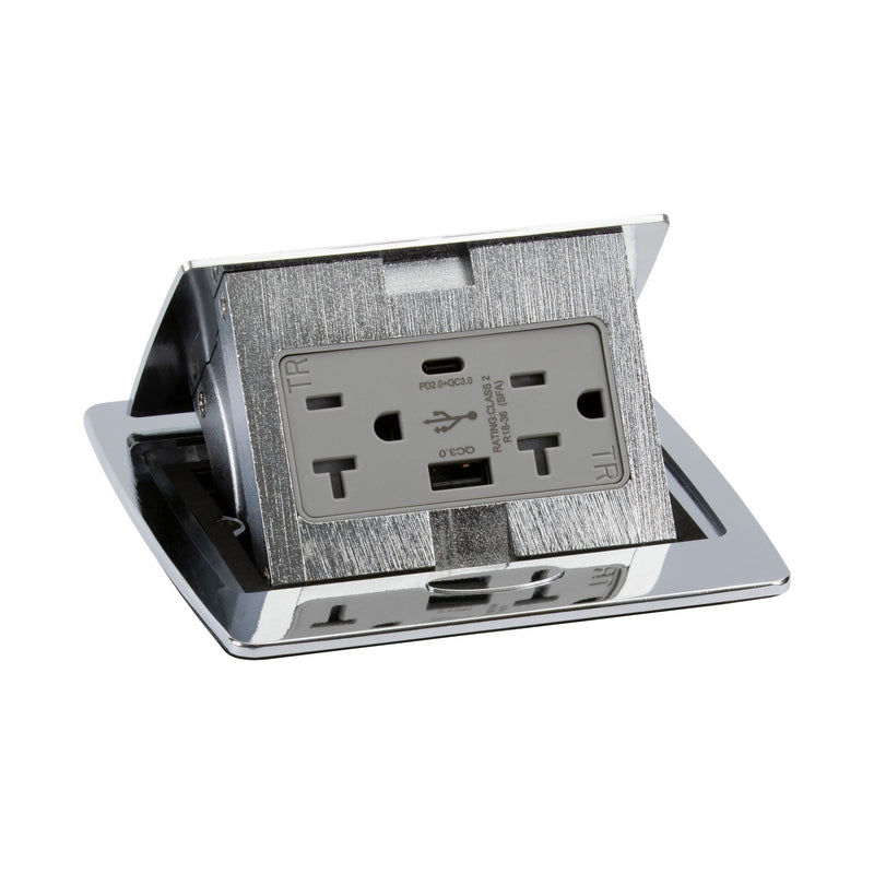 Kitchen Counter Pop Up Outlet Charging USB A/C Ports, Corded, Chrome, Top