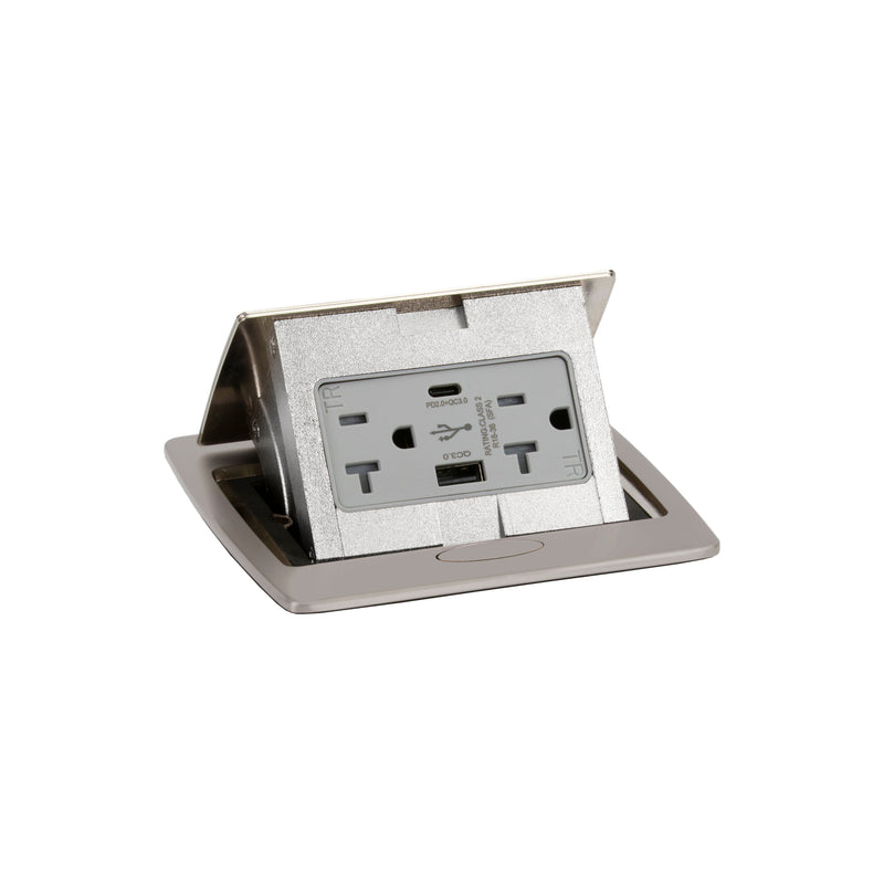 Kitchen Counter Pop Up Outlet Charging USB A/C Ports, Corded, Nickel, Top